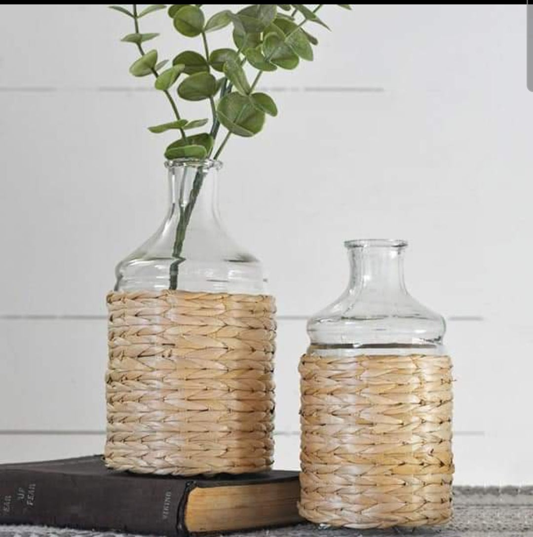 Glass and Rattan Set of 2 Vases