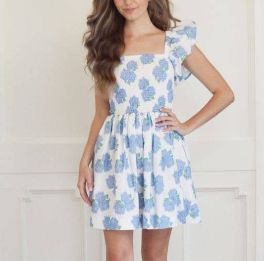 Hydrangeas Bow Backed Smocked Mini House Dress