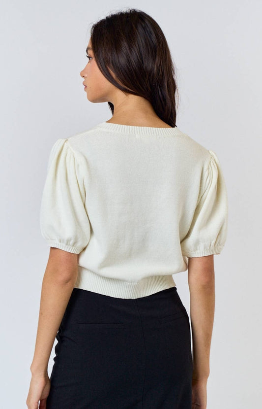 Bow Front V-Neck Puff Sleeve Sweater Top