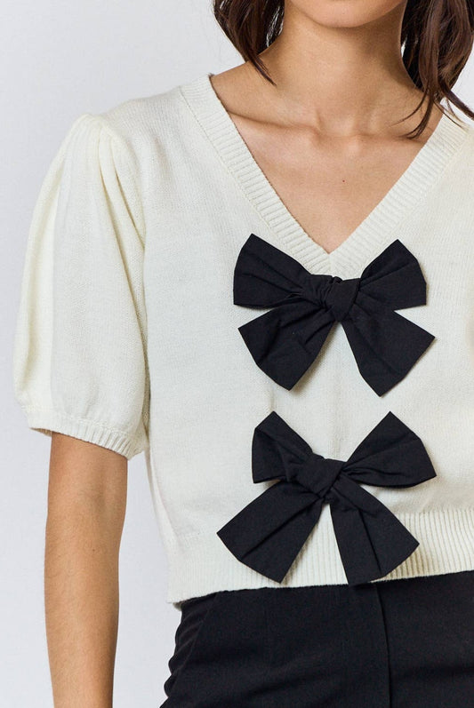 Bow Front V-Neck Puff Sleeve Sweater Top