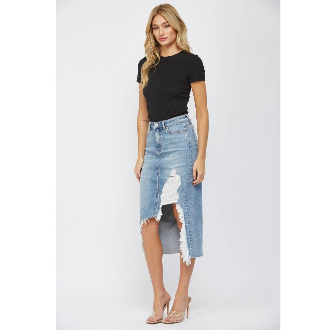 High Waisted Midi Mini Denim Skirt