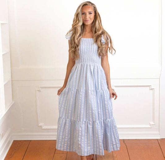 Blue and White Textured Striped Smocked Dress