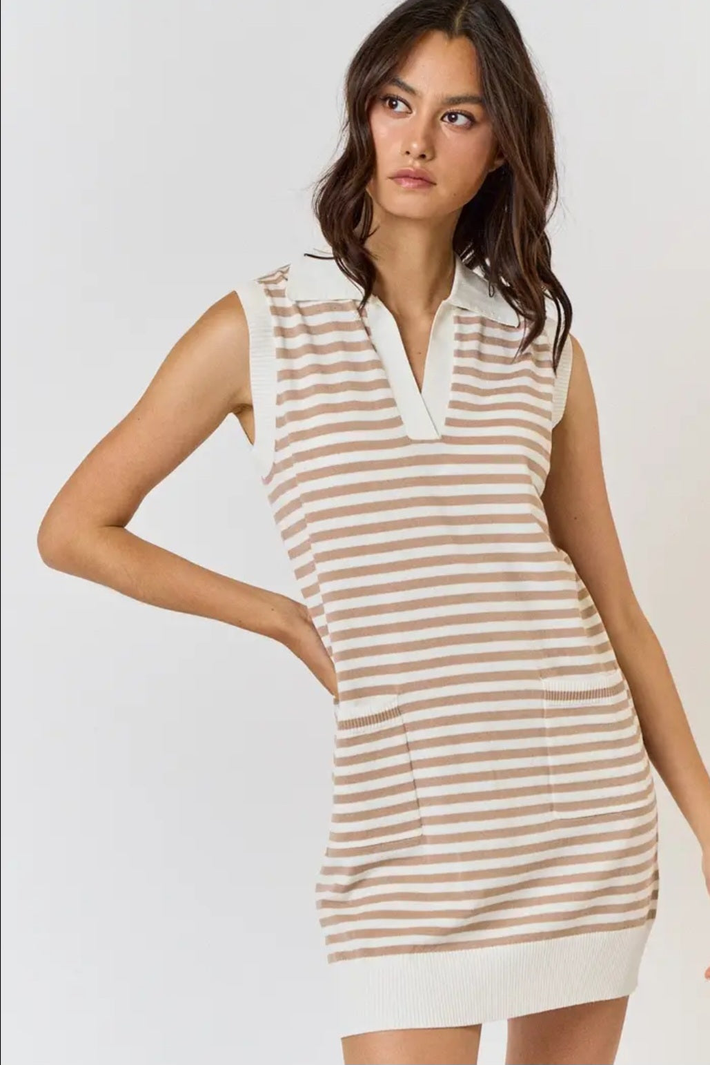 Striped Front Pocket Collard Mini Dress