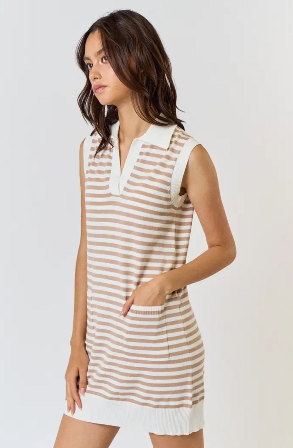 Striped Front Pocket Collard Mini Dress