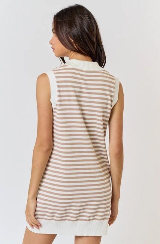 Striped Front Pocket Collard Mini Dress