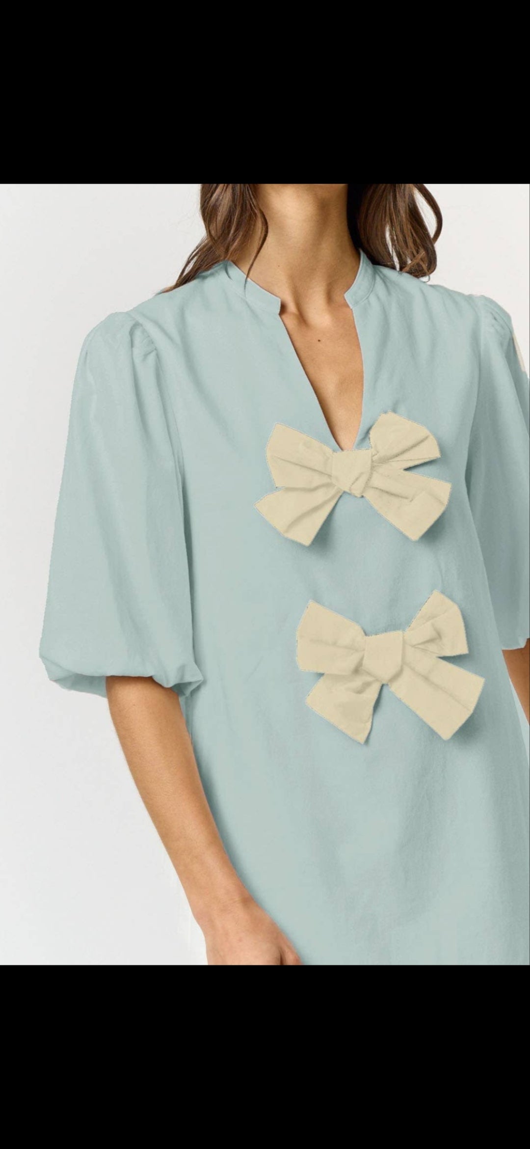 Linen Front Bow Detail Puff Sleeve Mini Dress