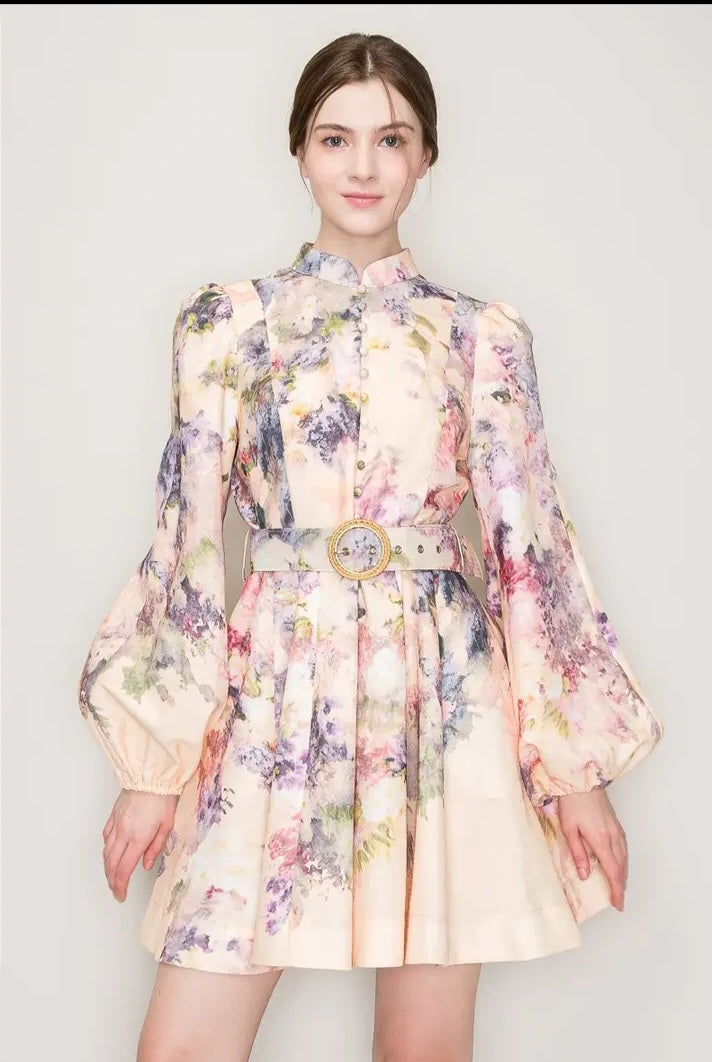 Long Sleeves Floral Print Belted-Waist Mini Dress