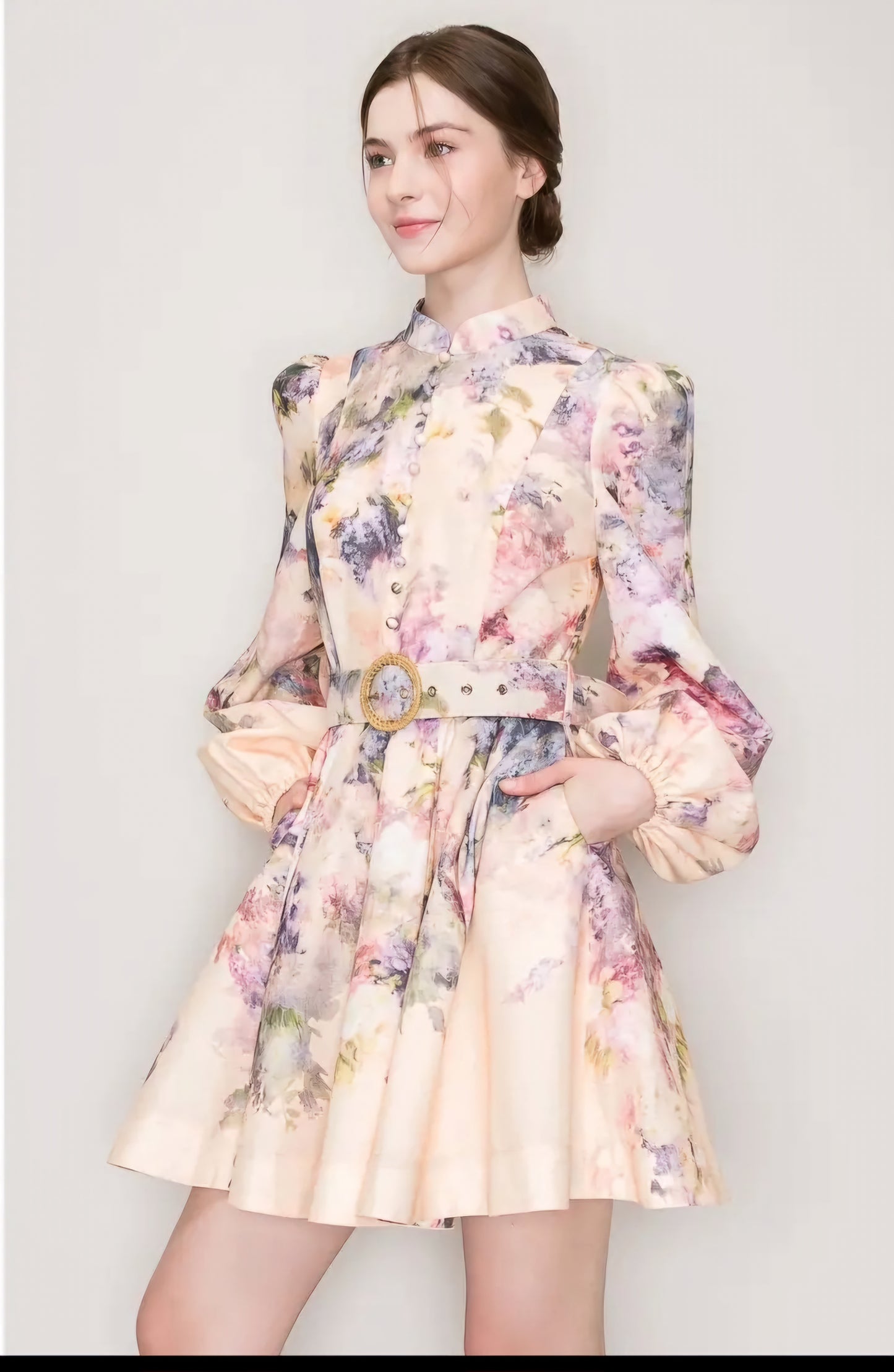 Long Sleeves Floral Print Belted-Waist Mini Dress