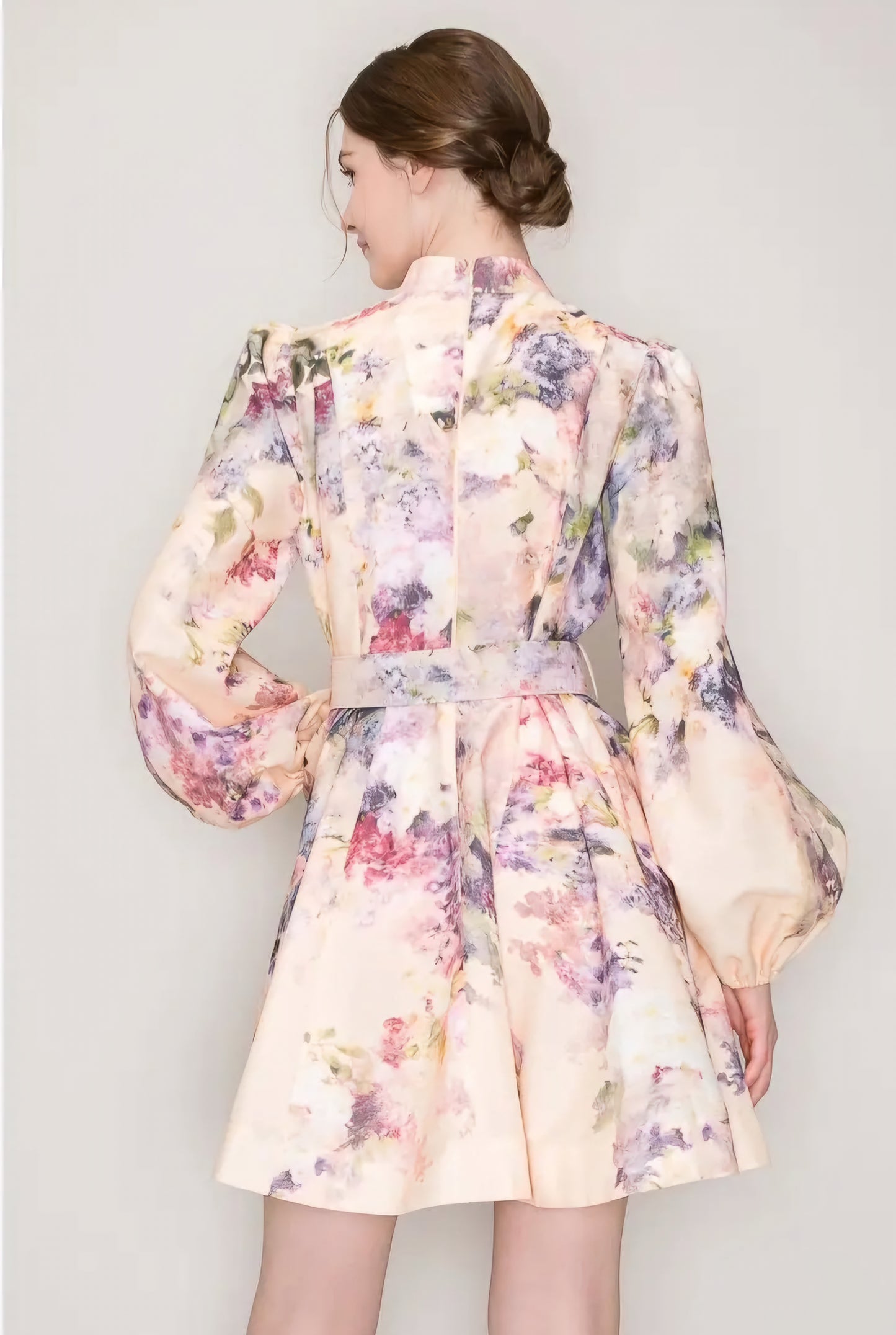 Long Sleeves Floral Print Belted-Waist Mini Dress