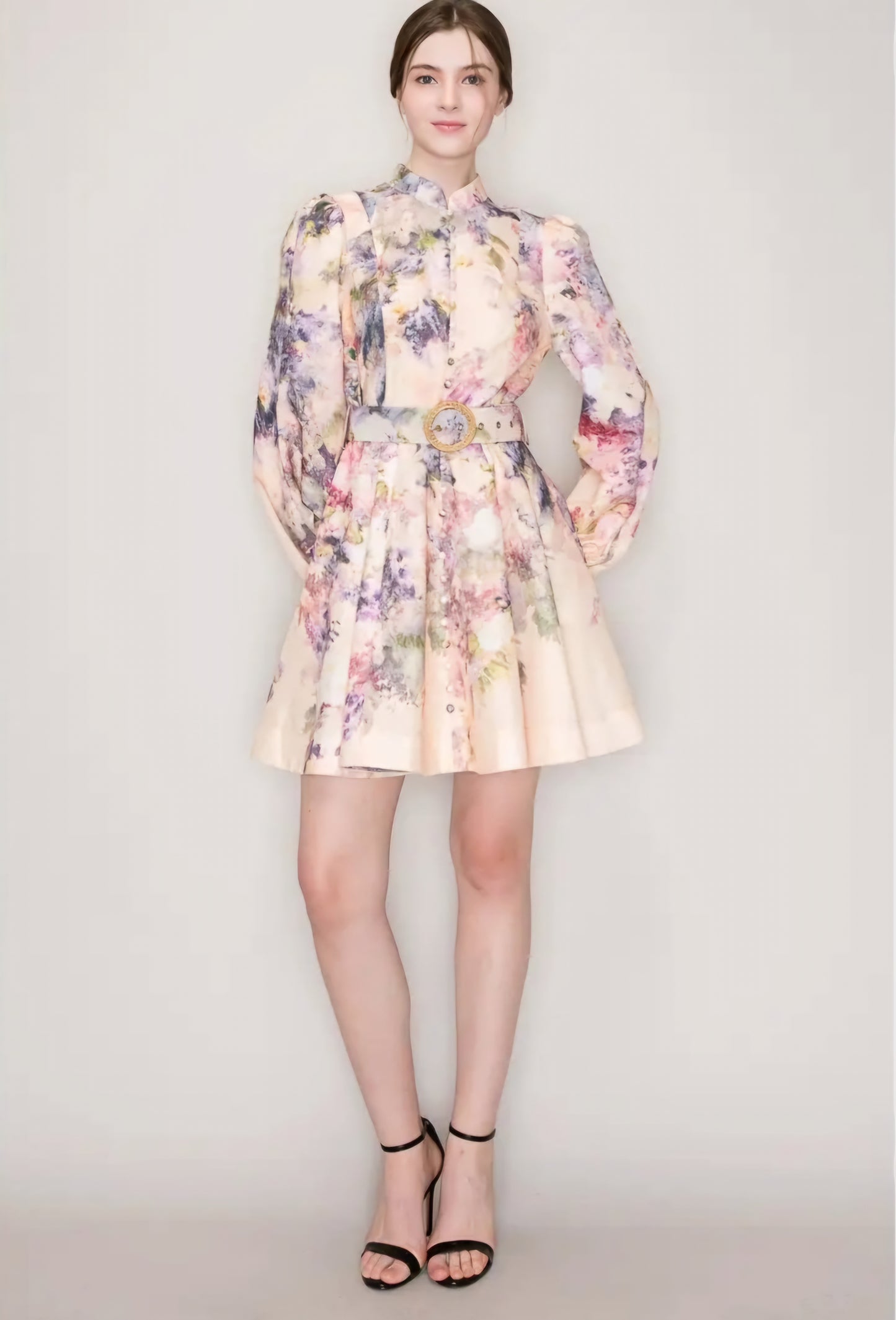 Long Sleeves Floral Print Belted-Waist Mini Dress