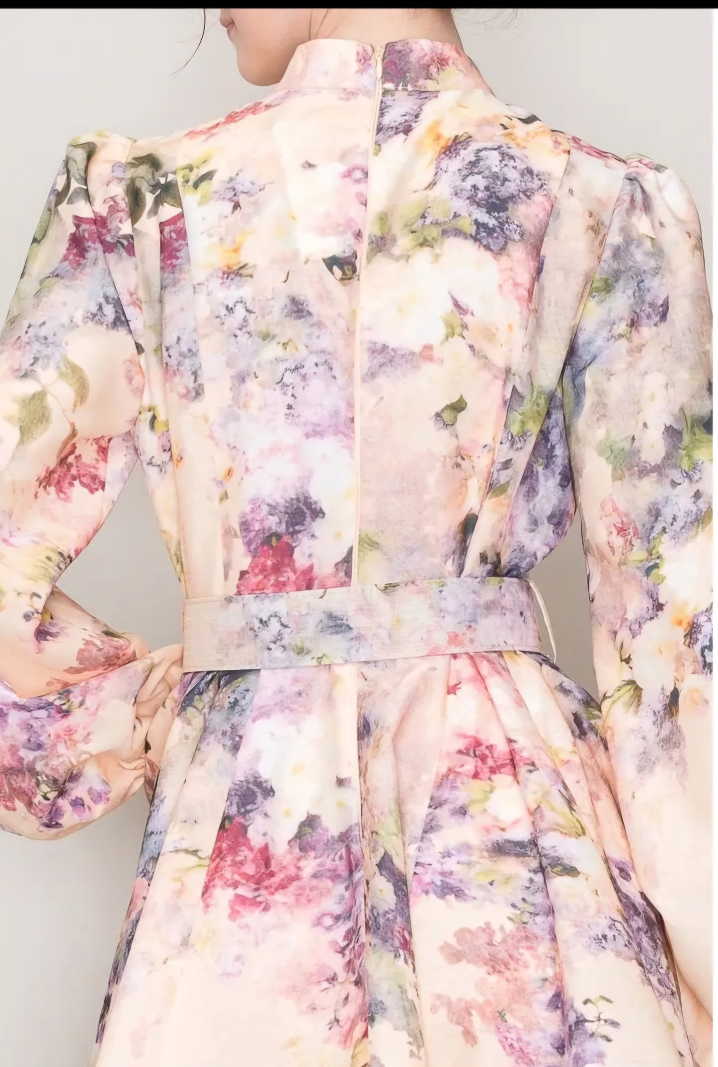 Long Sleeves Floral Print Belted-Waist Mini Dress